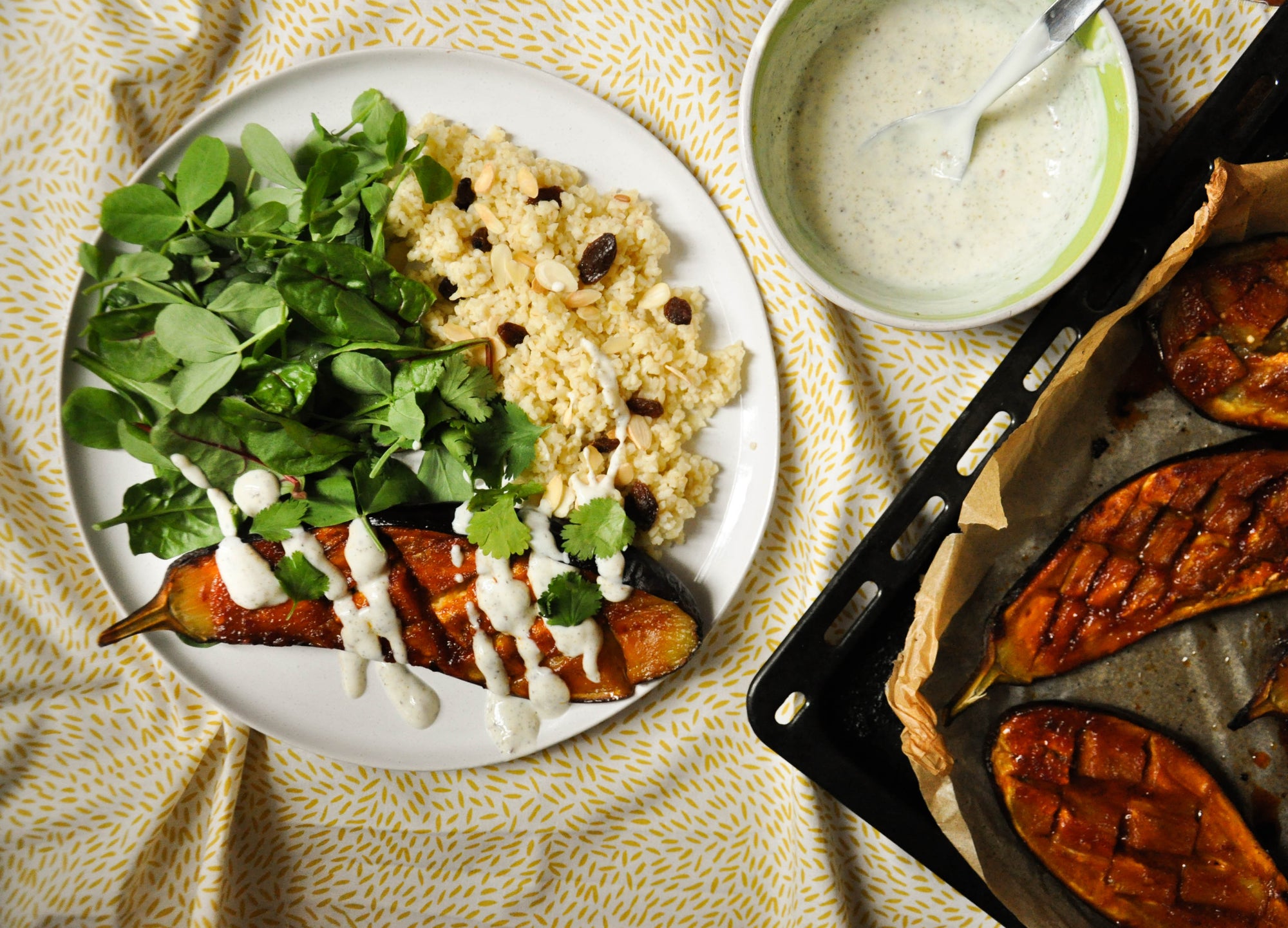 Wilelaiki & Harissa Marinated Eggplant with Lemon-Zaatar Yogurt