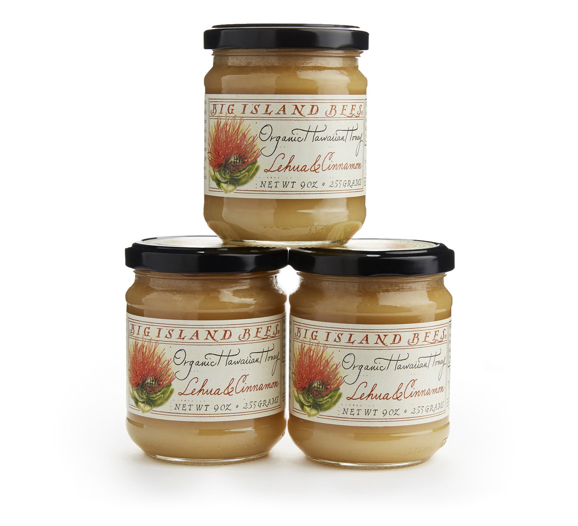 three 9 oz jars of big island ohia lehua and cinnamon honey